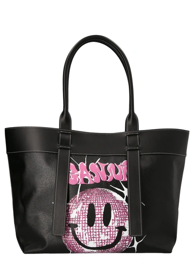 Ganni Smiley-print Tote Bag In Schwarz