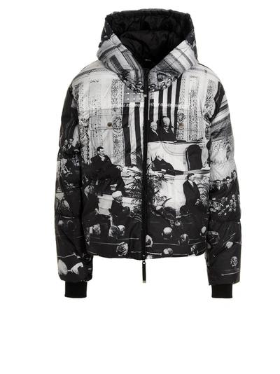 Msftsrep Quilted Padded Printed Shell Hooded Jacket In White/black