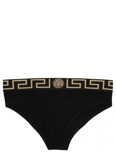 Versace Greca Logo-band Cotton Bikini Briefs In Black