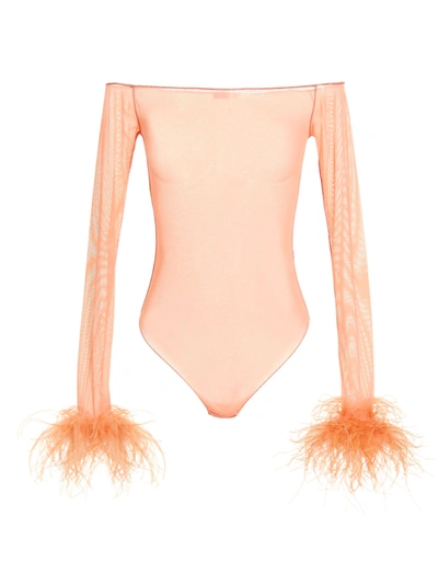 Oseree Feather-trimmed Mesh Bodysuit In Rosado