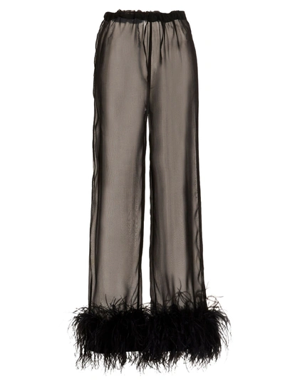 Oseree Feather-trim Silk Trousers In Black