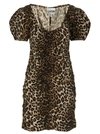 Ganni Bow-detailed Ruched Leopard-print Cotton-poplin Mini Dress