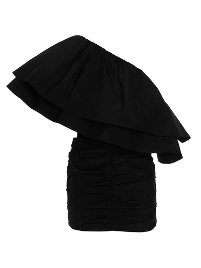 Rotate Birger Christensen Taft Pleated One Shoulder Dress In Black