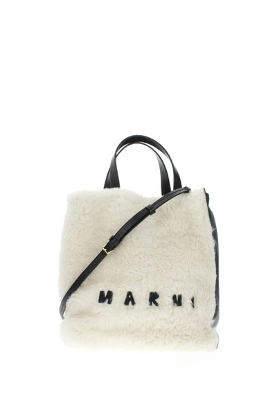 Marni Handbags Museo Soft Leather White Black In Blanco