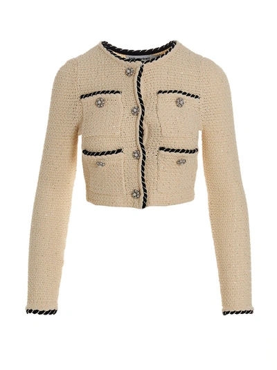 Self-portrait Sequin Crystal Faux Pearl Embellished Knit Cropped Cardigan In Neutral