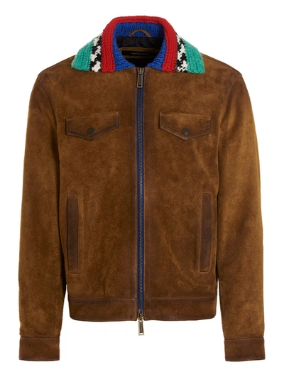 Dsquared2 Man Brown Suede Jacket With Knitted Collar In Marrón