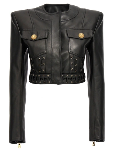 Balmain Laced Detail Cropped Leather Jacket In Black