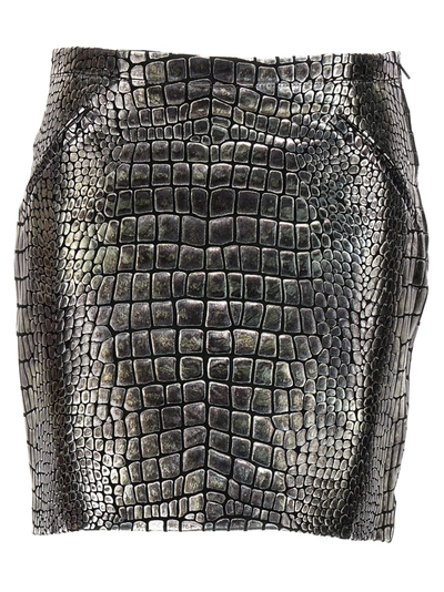 Tom Ford Croc Embossed Laminated Leather Skirt In Silver