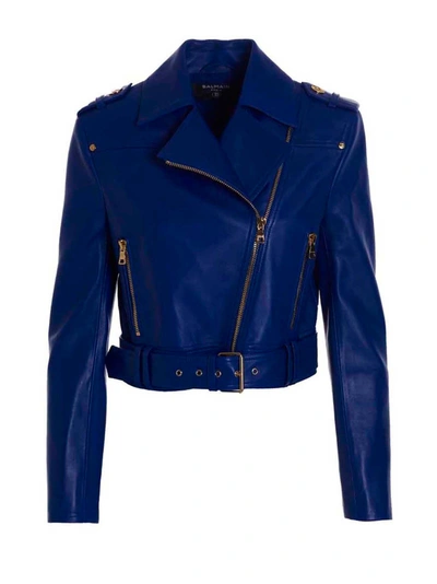 Balmain Leather Cropped Jacket In Blue