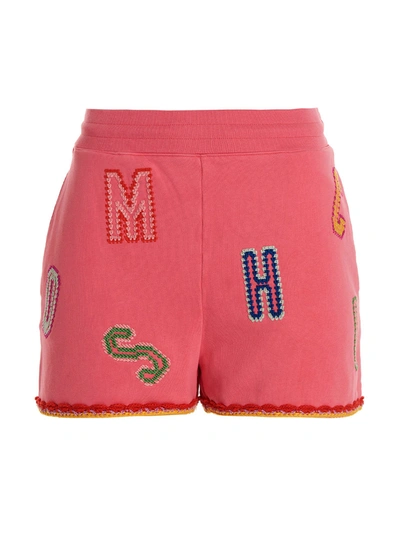 Moschino Lettering Embroidered Logo Bermuda Shorts In Fuchsia