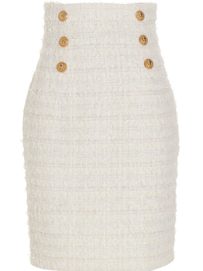 Balmain Logo Button Tweed Skirt In White
