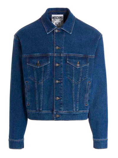 Moschino Teddy Embroidery Cotton Denim Jacket In Blue