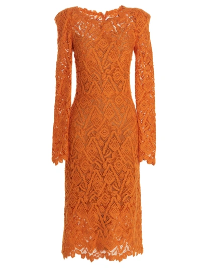 Ermanno Scervino Sheer Geometric Lace Dress With Long Sleeves In Orange