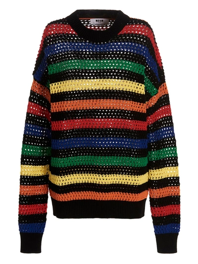 Msgm Striped Cotton Net Knit Sweater In Black
