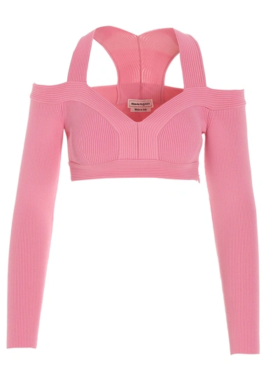 Alexander Mcqueen Pink Cropped Off-the Shoulder Top In Viscose Woman