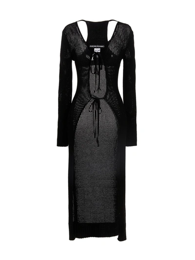 Andreädamo Long Black Perforated Knit Cardigan In Nero