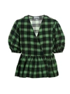Ganni Plaid Seersucker Surplice Peplum Top