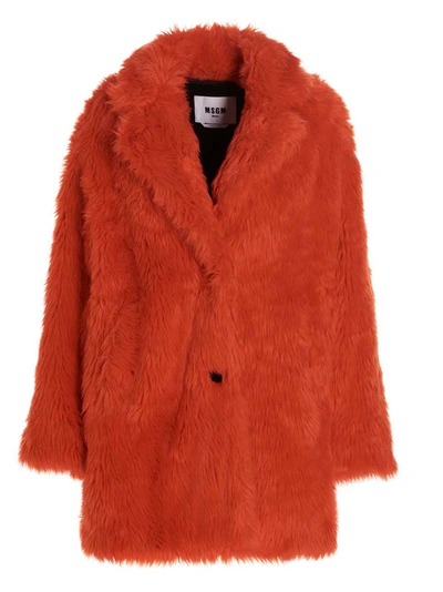 Msgm Single Breast Fake Fur Coat In Red