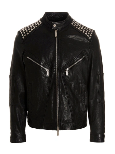 Dsquared2 Studded Leather Biker Jacket In Black
