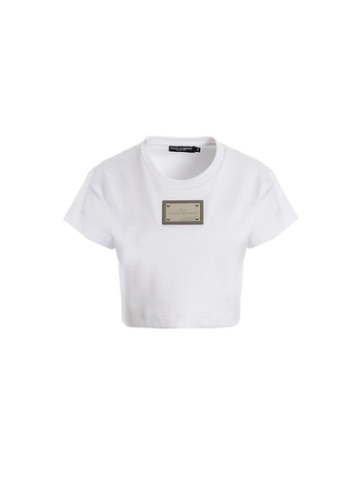 Dolce & Gabbana White Cropped T-shirt With Logo Plate In Cotton Woman