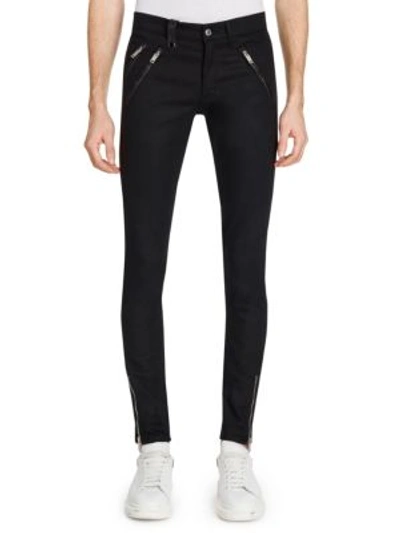 Alexander Mcqueen Leather-pocket Slim-fit Coated Denim Jeans In Black Multicolor