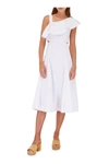 VERONICA BEARD BEILLA ONE SHOULDER CUT OUT FLARED MIDI DRESS IN WHITE