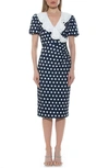 Alexia Admor Ruffle Collar Puff Sleeve Polka Dot Midi Dress In Navy Polka Dot