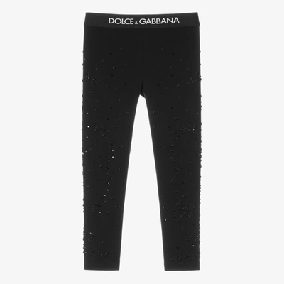 Dolce & Gabbana Kids' Crystal-embellished Logo-waistband Leggings In Black