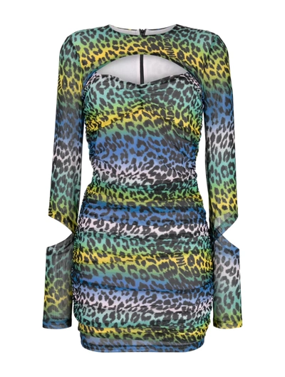Ganni Printed Mesh Cutout Mini Dress In Multicolour
