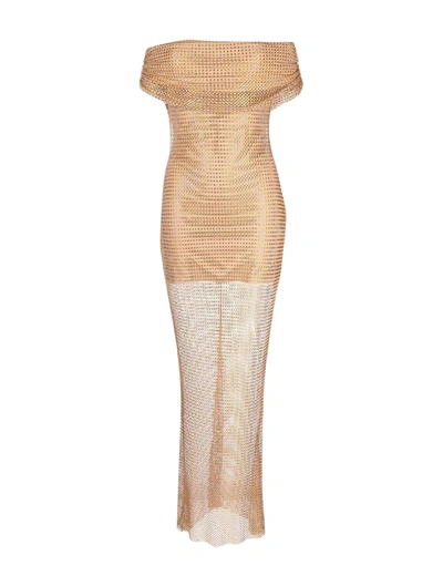 Self-portrait Hotfix Draped Off-shoulder Rhinestone Fishnet Maxi Dress In Nude