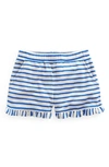 BODEN KIDS' STRIPE RUFFLE HEM TERRY SHORTS