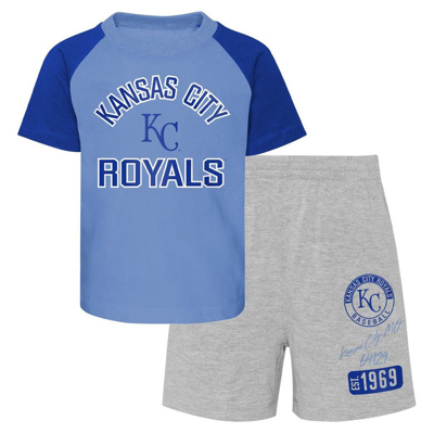 Outerstuff Babies' Infant Boys And Girls Light Blue And Heather Gray Kansas City Royals Ground Out Baller Raglan T-shir In Powder Blue,heather Gray