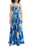 Hutch Sabina Floral Tiered Plissé Gown In Blue