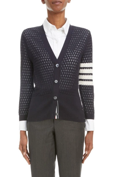 Thom Browne 4-bar Stripe Pointelle-knit Cardigan In Blue