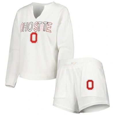 Concepts Sport Women's  White Ohio State Buckeyes Sunray Notch Neck Long Sleeve T-shirt And Shorts Se