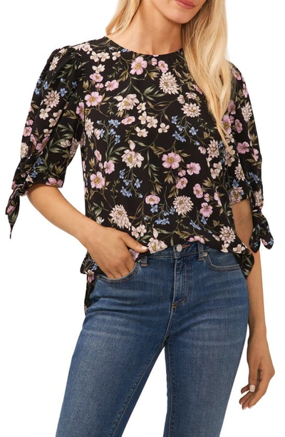 Cece Floral Print Tie Sleeve Blouse In Black