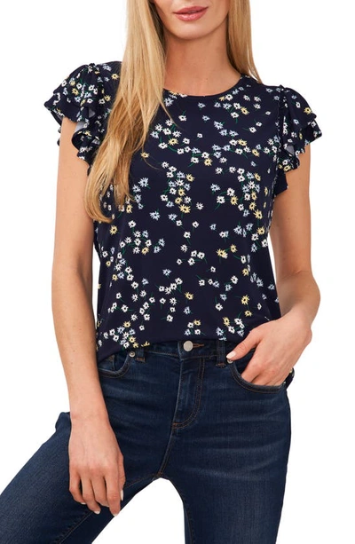 Cece Floral Print Double Ruffle Sleeve Top In Blue