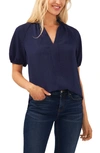 Cece Ruffle Neck Raglan Seam Split Neck Blouse In Classic Navy