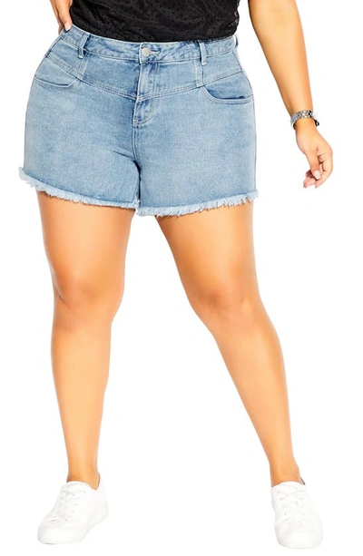 City Chic Off Duty Corset Fray Hem Denim Shorts