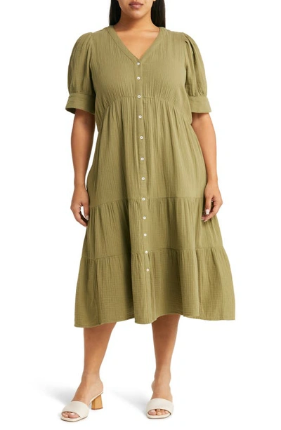 Madewell Lightspun Button Front Tiered Midi Dress In Tundra