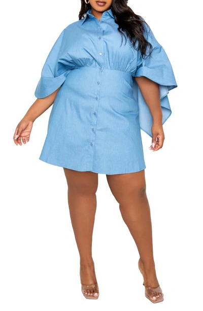 Buxom Couture Puffed Sleeve Denim Shirt Dress In Blue