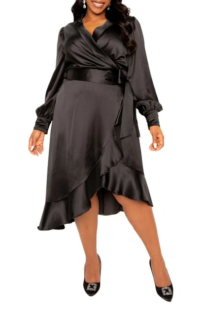 Buxom Couture Long Sleeve Satin Wrap Dress In Black