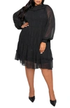 BUXOM COUTURE RUCHED TIERED LONG SLEEVE MINIDRESS