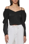 Dkny Off The Shoulder Puff Sleeve Linen Top In Black