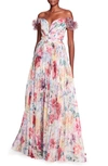 MARCHESA NOTTE AQUARELLE FLORAL PLEATED OFF THE SHOULDER CHIFFON GOWN