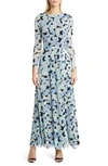Anne Klein Butterfly Print Long Sleeve Dress In Shore Blue Multi -