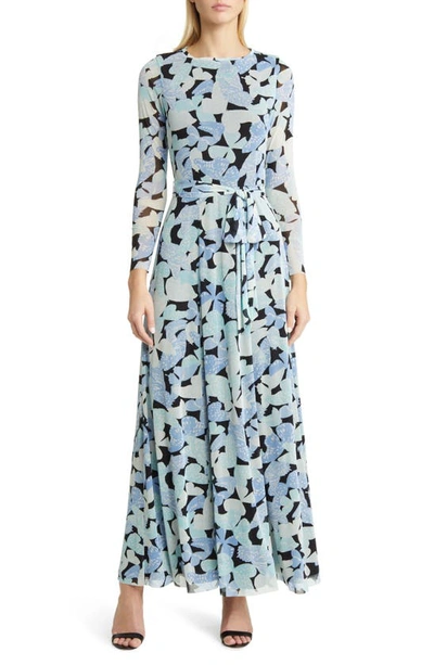Anne Klein Butterfly Print Long Sleeve Dress In Blue
