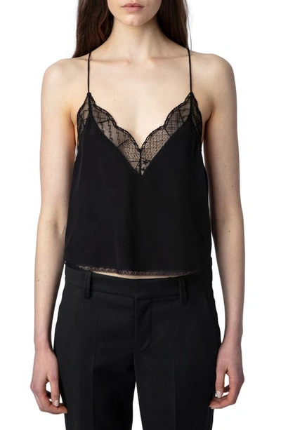 Zadig & Voltaire Christy Lace Crop Silk Camisole In Noir