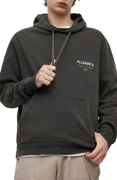 Allsaints Underground Organic Cotton Logo Print Relaxed Fit Hoodie In Washed Black