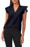 Chaus Floral Eyelet Flutter Sleeve Cotton Poplin Blouse In Navy